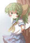  1girl against_tree arms_behind_back blush contemporary daiyousei gaoo_(frpjx283) green_eyes green_hair highres long_hair looking_at_viewer neckerchief school_uniform serafuku side_ponytail skirt solo touhou tree wings 