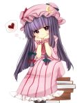  1girl a-iueo arm_support book_stack crescent dress hair_ribbon hat heart highres long_hair looking_at_viewer patchouli_knowledge pink_dress purple_hair ribbon simple_background sitting_on_object solo spoken_heart striped striped_dress touhou tress_ribbon very_long_hair violet_eyes white_background 