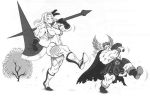  amazon_(dragon&#039;s_crown) armor artist_request bikini_armor dragon&#039;s_crown dwarf_(dragon&#039;s_crown) feathers hair_feathers monochrome muscle poleaxe smile 