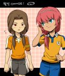  2boys alternate_hairstyle armband blue_eyes brown_hair hairstyle_switch inazuma_eleven_(series) inazuma_eleven_go kirino_ranmaru kurosaki_makoto letterboxed lightning_bolt long_hair male mizuhara_aki multiple_boys open_mouth pink_hair raimon red_eyes seidouzan soccer_uniform twintails 