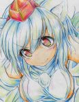  1girl animal_ears bare_shoulders breasts colored_pencil_(medium) detached_sleeves face hat highres inubashiri_momiji kitazinger large_breasts red_eyes short_hair sideboob silver_hair solo tail tokin_hat touhou traditional_media wolf_ears wolf_tail 