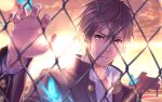  1boy 1girl 2d blurry brown_eyes brown_hair butterfly chain-link_fence depth_of_field fence gakuran gensou_satisfaction_(vocaloid) grand_piano hatsune_miku highres instrument lens_flare looking_at_viewer original piano school_uniform twilight vocaloid 