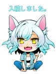  1girl animal_ears barefoot black_hanekawa cat_ears chibi fang monogatari_(series) short_hair solo white_hair yakubeni yellow_eyes 