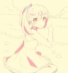  1girl beach clouds dress free! irone_(miyamiya38) matsuoka_gou monochrome pointing ponytail sitting sketch smile solo 