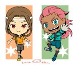  2boys armband blue_eyes brown_hair chibi dragonlink gloves goalkeeper inazuma_eleven_(series) inazuma_eleven_go kurosaki_makoto long_hair male mizuhara_aki multiple_boys open_mouth pink_hair red_eyes seidouzan senguuji_yamato smile soccer_uniform standing 