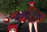  1girl blouse bow canal cape cape_lift covering_mouth disembodied_head fog grin hair_bow high_collar highres katahashi long_sleeves looking_at_viewer on_side path red_eyes redhead road sekibanki short_hair skirt smile solo touhou willow 