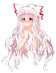  1girl blush bow bust fujiwara_no_mokou hair_bow knbilove long_hair nude red_eyes silver_hair simple_background solo tears touhou very_long_hair white_background 