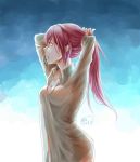  1girl breasts cleavage free! hair_tie highres long_hair matsuoka_gou naked_shirt ponytail redhead see-through solo tying_hair zoe_(killyou80) 