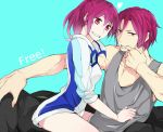  1boy 1girl brother_and_sister finger_in_mouth free! grin heart long_hair mamiya_(sheena-1125) matsuoka_gou matsuoka_rin muscle ponytail red_eyes redhead siblings sitting sitting_on_lap sitting_on_person smile 