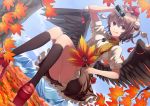  1girl :q ashiwara_yuu autumn_leaves brown_hair camera fan geta hat panties pantyshot pointy_ears red_eyes shameimaru_aya short_hair skirt solo tengu-geta tokin_hat tongue touhou underwear white_panties wings 