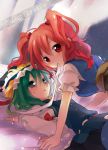  2girls arm_support blush cover cover_page green_hair grey_eyes hair_bobbles hair_ornament hat looking_at_viewer lying mouth_hold multiple_girls nagaro on_bed onozuka_komachi open_mouth red_eyes redhead ribbon shikieiki_yamaxanadu touhou twintails 