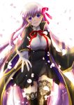  1girl bb_(fate/extra_ccc) breasts fate/extra_ccc fate_(series) hair_ribbon hayase_chitose lace lace-trimmed_thighhighs long_hair outstretched_hand purple_hair ribbon solo thighhighs very_long_hair violet_eyes 