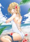  1girl ahoge beach blonde_hair fate/stay_night fate_(series) flower green_eyes hair_down hibiscus leotard minami-n saber solo summer 