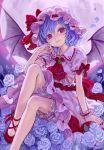  1girl ama-tou bat_wings blue_hair brooch dress flower full_moon hat hat_ribbon jewelry looking_at_viewer moon pink_dress pink_eyes puffy_sleeves ribbon rose sash short_sleeves smile solo touhou white_rose wings wrist_cuffs 