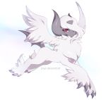  absol artrica feathered_wings hair_over_one_eye horns mega_pokemon no_humans pokemon pokemon_(game) pokemon_xy red_eyes solo tail watermark web_address 