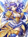  1girl blue_eyes breasts cleavage dress ells flower gloves jewelry long_hair original smile solo staff wings 