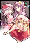  3girls ascot bat_wings blonde_hair blush bow crescent dress flandre_scarlet hat long_hair multiple_girls open_mouth oustretched_hand patchouli_knowledge ponytail purple_hair red_eyes remilia_scarlet shiny short_hair side_ponytail smile striped touhou usume_shirou violet_eyes wings 