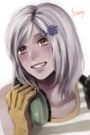  1girl brown_eyes ear_protection face flower gloves grin hair_flower hair_ornament hairclip headset highres kisw2010 lips metal_gear metal_gear_rising:_revengeance silver_hair smile solo sunny_gurlukovich tank_top 