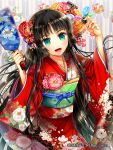  1girl black_hair ells flower green_eyes japanese_clothes junketsu_duelion kimono long_hair 