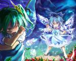  2girls angry bandaid barefoot blue_eyes blue_hair bow cirno clenched_teeth crossed_arms daiyousei dress fairy_wings flower gradient gradient_background green_eyes green_hair hair_bow hair_ribbon hutaba123 ice ice_wings light_particles looking_at_another multiple_girls open_mouth pointy_ears puffy_short_sleeves puffy_sleeves ribbon scowl short_hair short_sleeves side_ponytail skirt skirt_set tears touhou wings wink 