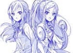  2girls :d back-to-back blue braid cure_diamond dokidoki!_precure dual_persona half_updo hanpen_(smilhappy) hishikawa_rikka long_hair monochrome multiple_girls open_mouth ponytail precure simple_background sketch smile white_background 