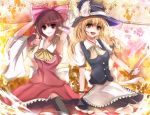  2girls armpits bare_shoulders blonde_hair braid brown_eyes brown_hair detached_sleeves hair_tubes hakurei_reimu hat hat_ribbon highres kirisame_marisa multiple_girls ribbon sid side_braid touhou velia witch_hat wrist_cuffs yellow_eyes 