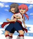  2boys back-to-back blue_eyes brown_eyes brown_hair clouds inazuma_eleven_(series) inazuma_eleven_go kirino_ranmaru male mizuhara_aki multiple_boys pink_hair shindou_takuto ship&#039;s_wheel sky soccer_uniform twintails wink 