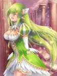  1girl :d breasts cleavage closed_eyes dress elbow_gloves elsword gloves green_hair highres n.k open_mouth pointy_ears rena_(elsword) ruins smile 