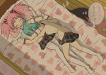  3girls akemi_homura bed bed_sheet black_hair blue_hair closed_eyes hair_ornament hair_ribbon hairclip kaname_madoka lying magical_girl mahou_shoujo_madoka_magica miki_sayaka multiple_girls pink_hair ribbon school_uniform short_hair short_twintails thighhighs twintails zettai_ryouiki 