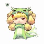  1boy :&lt; absurdres anger_vein animal_costume blonde_hair chibi dimmi13 dragon_costume fate/zero fate_(series) gilgamesh highres monster_hunter red_eyes royal_ludroth solo 