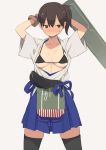 1girl archery arms_up blush bra breasts brown_eyes brown_hair cleavage embarrassed japanese_clothes kaga_(kantai_collection) kantai_collection kyuudou nora_higuma open_clothes open_shirt personification short_hair side_ponytail single_glove skirt solo sweatdrop thighhighs underwear yugake 