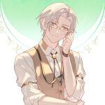  1boy brown_vest closed_mouth forehead highres nacloooo polo_shirt shirt short_hair simple_background sleeves_past_elbows smile solo tears_of_themis vest vyn_richter_(tears_of_themis) watch white_background white_hair white_shirt yellow_eyes 