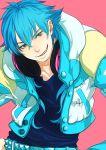  1boy blue_hair blue_jacket dramatical_murder grin headphones headphones_around_neck highres jacket seragaki_aoba smile solo tsukiaki yellow_eyes 