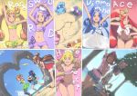  5girls :d adapted_costume aida_mana akinbo_(hyouka_fuyou) arm_up arms_up beach belt bikini blue_eyes blue_hair blue_sky brown_hair character_name closed_eyes column_lineup cure_ace cure_diamond cure_heart cure_rosetta cure_sword davi_(dokidoki!_precure) dokidoki!_precure dutch_angle english hishikawa_rikka kenzaki_makoto madoka_aguri multiple_girls open_mouth orange_eyes orange_hair outdoors outstretched_arms outstretched_hand pink_eyes pink_hair precure purple_hair rakeru_(dokidoki!_precure) rance_(dokidoki!_precure) redhead sand_sculpture sandals sharuru_(dokidoki!_precure) singing sky sleeping smile sunglasses swimsuit tree violet_eyes whistle yotsuba_alice 