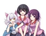  animal_ears black_hair black_hanekawa blue_eyes cat_ears hanekawa_tsubasa highres kuena monogatari_(series) purple_hair school_uniform senjougahara_hitagi short_hair violet_eyes white_hair yellow_eyes 