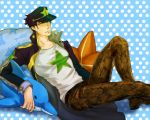  1boy animal_pillow black_hair chain dolphin hat jojo_no_kimyou_na_bouken kuujou_joutarou less_end long_coat pillow solo star starfish 