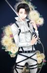  1boy ascot belt black_hair flower levi_(shingeki_no_kyojin) michi_(iawei) shingeki_no_kyojin solo sword three-dimensional_maneuver_gear weapon 