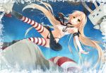  1girl anchor black_panties blonde_hair blush elbow_gloves falling gloves green_eyes hair_ornament hairband kantai_collection kasu_(return) long_hair looking_at_viewer navel open_mouth panties personification rensouhou-chan shimakaze_(kantai_collection) skirt solo striped striped_legwear thighhighs underwear water white_gloves 