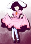  1girl animal_ears black_hair carrot curtsey dress inaba_tewi jewelry mary_janes nabau necklace pantyhose pendant pink_dress puffy_short_sleeves puffy_sleeves rabbit_ears red_eyes shoes short_hair short_sleeves solo touhou white_legwear 