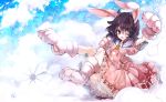  1girl ;d animal_ears black_hair carrot cis_(carcharias) frilled_skirt gloves highres inaba_tewi looking_at_viewer open_mouth paw_gloves paw_shoes puffy_sleeves rabbit_ears revision ribbon short_hair short_sleeves smile solo touhou wink 