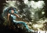  1g 1girl bare_shoulders blue_eyes blue_hair forest hat kawashiro_nitori nature open_mouth short_hair sitting solo sweat touhou twintails 