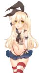  1girl anchor blonde_hair elbow_gloves gloves hairband hand_behind_head highres kantai_collection long_hair microskirt mootor navel open_mouth personification shimakaze_(kantai_collection) skirt solo striped striped_legwear thighhighs torn_clothes yellow_eyes 