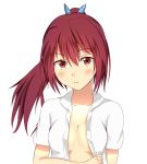  1girl blush breasts chamu_(tdjcham) cleavage free! long_hair matsuoka_gou open_clothes open_shirt red_eyes redhead simple_background solo 