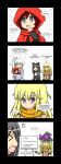  &gt;_&lt; 4girls 4koma ahoge anger_vein black_hair blake_belladonna blonde_hair bow cape comic english gloves hair_bow hat highres kirisame_marisa kirisame_marisa_(cosplay) long_hair lunarisaileron multiple_girls open_mouth ponytail redhead ruby_rose rwby short_hair smile speech_bubble touhou violet_eyes weiss_schnee white_hair witch_hat yang_xiao_long yellow_eyes young 