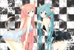  2girls animal_ears aqua_eyes aqua_hair blush cat_ears cat_tail checkered checkered_background grin hatsune_miku highres leaning_forward long_hair looking_at_viewer looking_back megurine_luka multiple_girls nail_polish paw_pose pink_hair smile tail twintails very_long_hair vocaloid yunca 