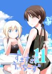  2girls blonde_hair blue_eyes brown_eyes brown_hair chin_rest clouds erica_hartmann gertrud_barkhorn looking_at_viewer multiple_girls one-piece_swimsuit sandwich_(artist) short_hair sitting sky smile strike_witches swimsuit table 