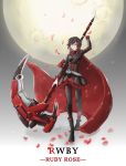  1girl black_hair cape character_name copyright_name dress flower full_moon highres mitsuki_hana moon pantyhose petals rose rose_petals ruby_rose rwby scythe short_hair skirt snowing solo weapon 