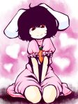  1girl ahoge animal_ears black_hair carrot dress flat_chest head_tilt heart inaba_tewi jewelry looking_at_viewer nabau pendant pink_dress puffy_short_sleeves puffy_sleeves rabbit_ears red_eyes seiza short_hair short_sleeves sitting solo touhou v_arms 