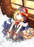  1girl alice_margatroid basket blonde_hair blue_eyes bow capelet doll dress hair_bow hairband highres hood little_match_girl lock lolita_hairband looking_at_viewer luoz outstretched_arms parted_lips plate ribbon seiza shanghai_doll short_hair sitting snow snow_on_head solo table touhou window wrist_cuffs young 