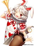  1girl animal_ears bunny_tail bunnysuit ells horn_(instrument) open_mouth original pocket_watch rabbit_ears red_eyes tail watch white_hair wink 